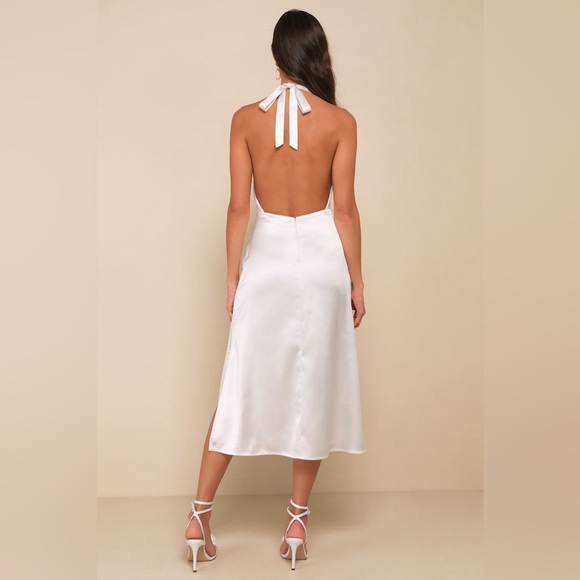 NWOT Lulus Timeless Glam White Satin Halter A-Line Midi Dress Size Medium - Picture 2 of 8